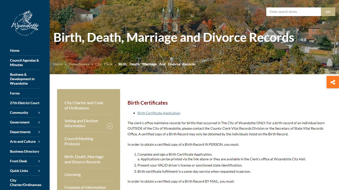 Birth, Death, Marriage and Divorce Records - Wyandotte